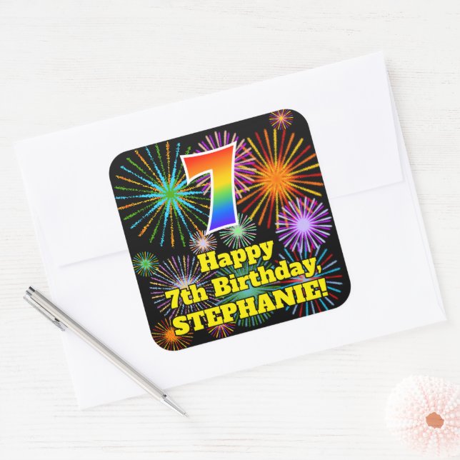 Sticker Carré 7e anniversaire : Fun Fireworks Look, Arc-en-ciel  (Enveloppe)