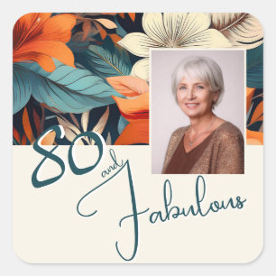 Sticker Carré 80 et fabuleux Motif Flower Photo Anniversaire