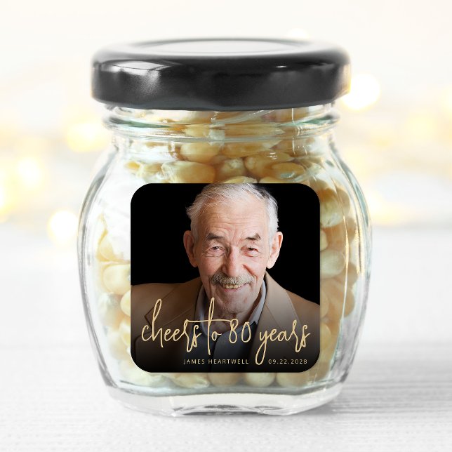 Sticker Carré 80e anniversaire de la fête Photo Cheers Gold Scri (Créateur téléchargé)