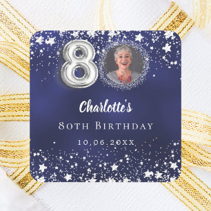Sticker Carré 80e anniversaire étoiles argentées bleu marine pho