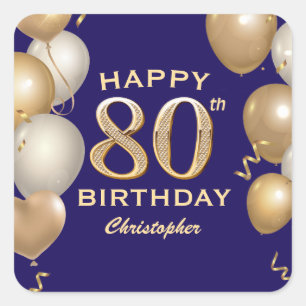 Sticker Carré 80e Anniversaire Marine Bleu et Ballons d'or