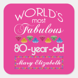 Sticker Carré 80e anniversaire plus fabuleux gemmes colorées ros