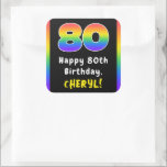 Sticker Carré 80e anniversaire : Rainbow Spectrum # 80, Nom pers<br><div class="desc">Ce design d'autocollant carré passionnant et audacieux à thème d'anniversaire comprend le numéro "80" avec un motif multicolore à spectre arc-en-ciel inspiré de dégradé, avec le message "Happy 80th Birthday, " et un nom de destinataire modifiable. Des autocollants sur le thème de l'anniversaire joyeux comme ceux-ci peuvent être utilisés ou...</div>