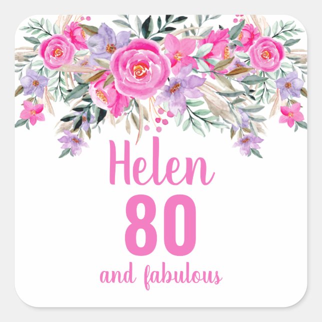 Sticker Carré 80e anniversaire rose aquarelle floral (Devant)