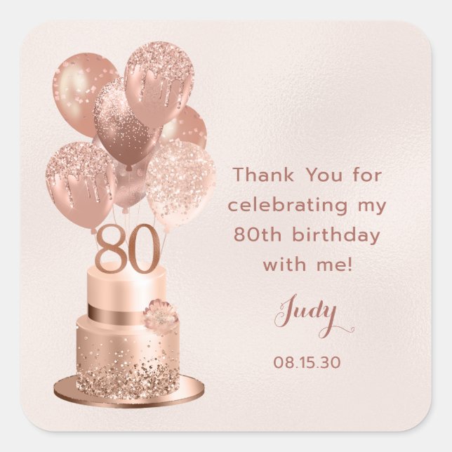 Sticker Carré 80e anniversaire Rose Gold Cake Merci (Devant)