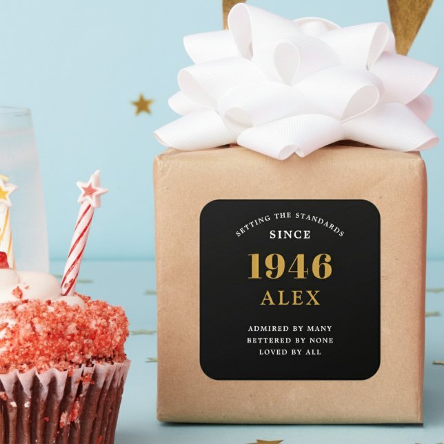 Sticker Carré 80th Birthday Name 1946 Black Gold Elegant Chic (Born 1946 sticker on a wrapped gift.)