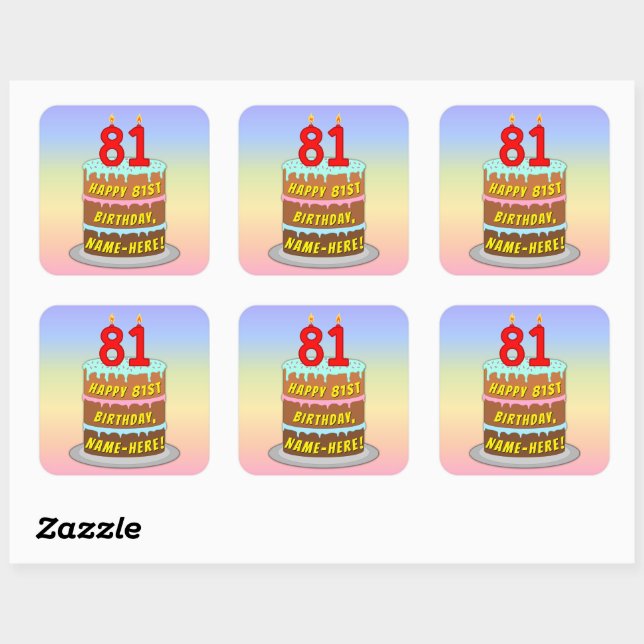 Sticker Carré 81e anniversaire : Fun Cake and Candles + Nom pers (Feuille)