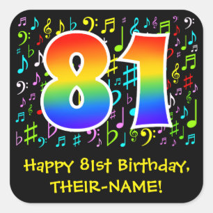 Sticker Carré 81e anniversaire : Symboles de musique colorée, Ar