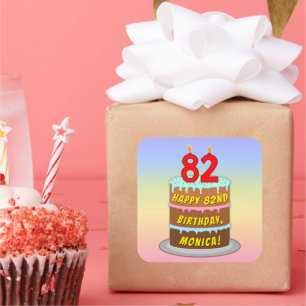 Sticker Carré 82e anniversaire : Fun Cake and Candles + Nom pers