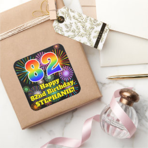 Sticker Carré 82e anniversaire : Fun Fireworks Look, Arc-en-ciel