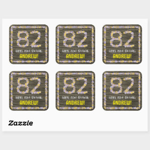 Sticker Carré 82e anniversaire : numéro floral, Faux Wood Look, 