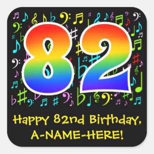 Sticker Carré 82e anniversaire : Symboles de musique colorée, Ar