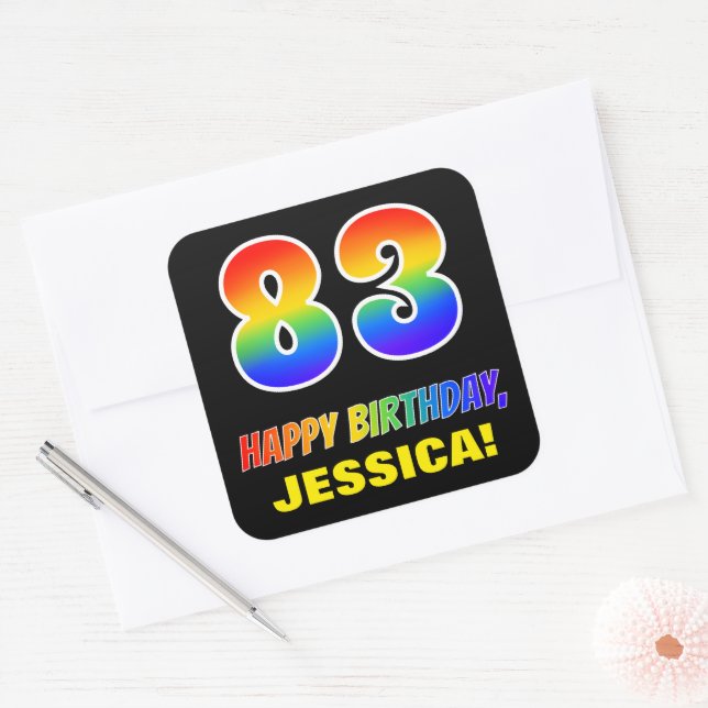 Sticker Carré 83e anniversaire : Bold, amusant, simple, arc-en-c (Enveloppe)