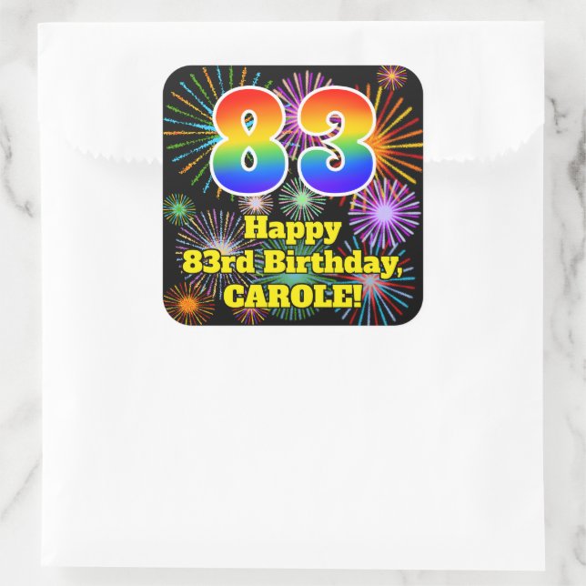 Sticker Carré 83e anniversaire : Fun Fireworks Look, Arc-en-ciel (Sac)