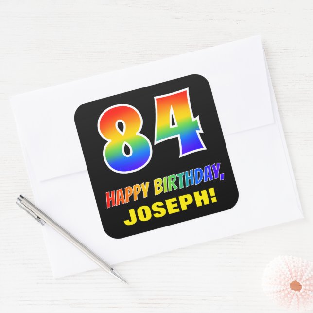 Sticker Carré 84e anniversaire : Bold, amusant, simple, arc-en-c (Enveloppe)
