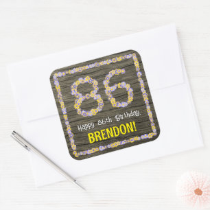 Sticker Carré 86e anniversaire : numéro floral, Faux Wood Look, 