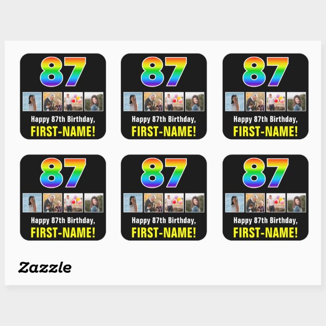 Sticker Carré 87e anniversaire : Arc-en-ciel "87"; photos et nom (Feuille)