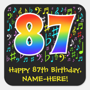 Sticker Carré 87e anniversaire : Symboles de musique colorée, Ar