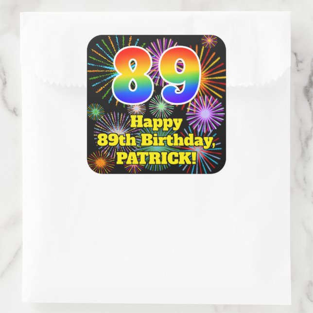Sticker Carré 89e anniversaire : Fun Fireworks Look, Arc en ciel (Sac)
