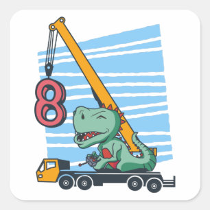 Sticker Carré 8 ans 8e anniversaire grue mobile dinosaure
