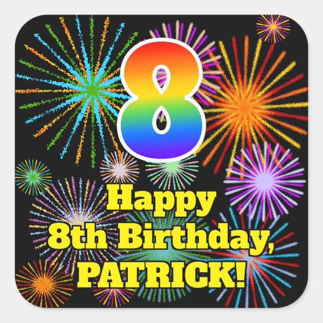 Sticker Carré 8e anniversaire : Fun Fireworks Look, Arc-en-ciel  (Devant)