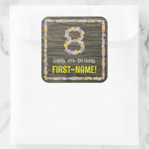 Sticker Carré 8e anniversaire : Nombre floral, aspect faux bois,