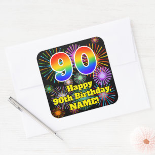 Sticker Carré 90e anniversaire : Fun Fireworks Look, Arc en ciel