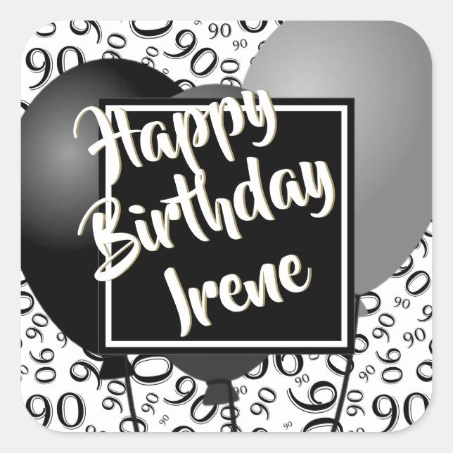 Sticker Carré 90e anniversaire heureux - Motif de numéro noir/bl (Devant)