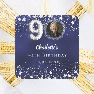 Sticker Carré 90e anniversaire photo navy bleu étoiles argentées