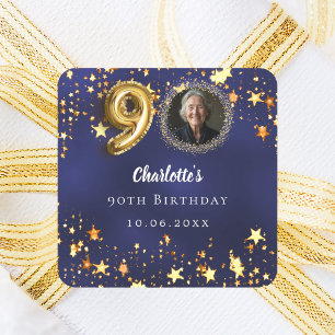 Sticker Carré 90e anniversaire photo navy bleu étoiles dorées
