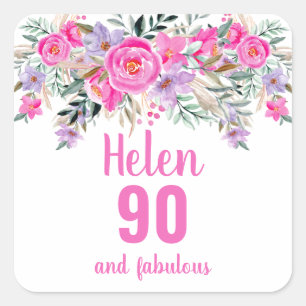 Sticker Carré 90e anniversaire rose aquarelle floral