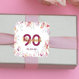 Sticker Carré 90e anniversaire rose magnolia florales blanc