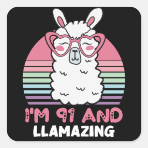 Sticker Carré 91e anniversaire Llamazing Llama 91 ans Anniversai
