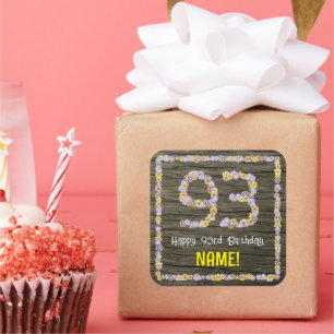 Sticker Carré 93e anniversaire : numéro floral, Faux Wood Look, 