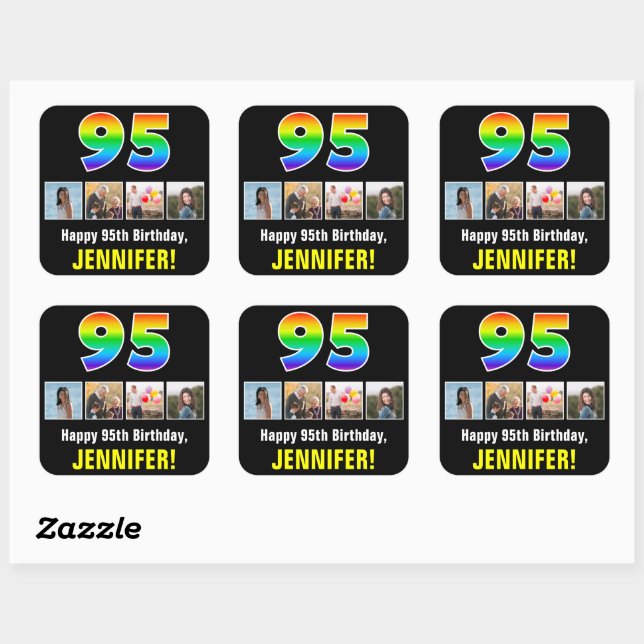 Sticker Carré 95e anniversaire : Arc-en-ciel "95"; photos et nom (Feuille)