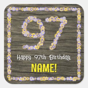 Sticker Carré 97e anniversaire : numéro floral, Faux Wood Look,