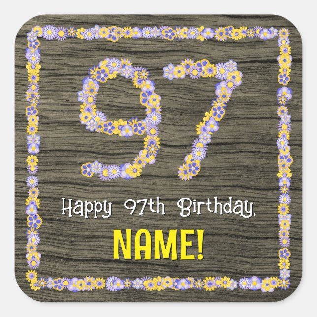Sticker Carré 97e anniversaire : numéro floral, Faux Wood Look,  (Devant)