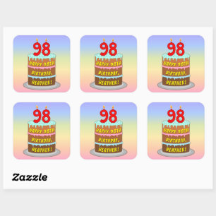 Sticker Carré 98e anniversaire : Fun Cake and Candles + Nom pers