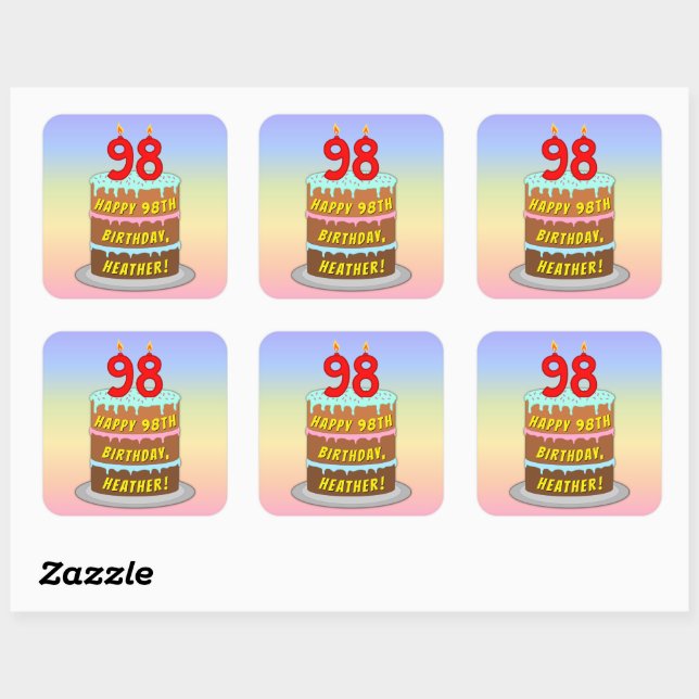 Sticker Carré 98e anniversaire : Fun Cake and Candles + Nom pers (Feuille)