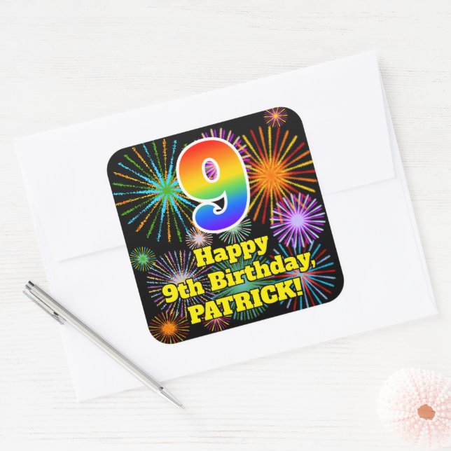Sticker Carré 9e anniversaire : Fun Fireworks Look, Arc-en-ciel  (Enveloppe)