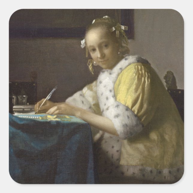 Sticker Carré A Lady Writing, c. 1665 (huile sur toile) (Devant)