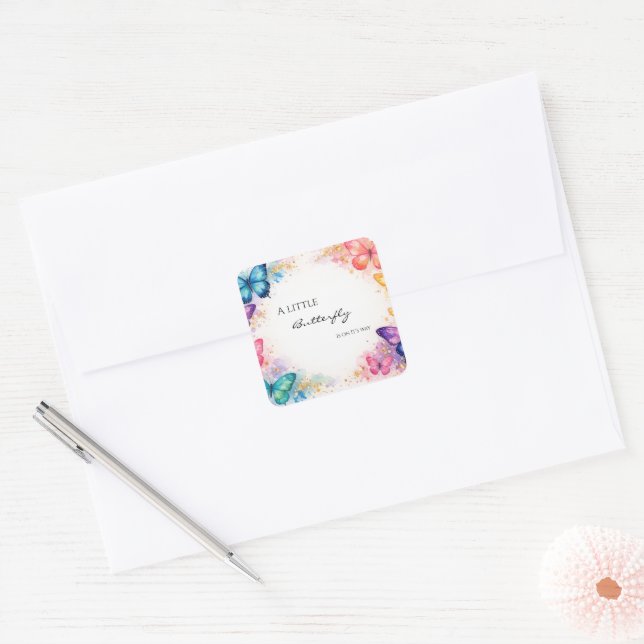 Sticker Carré A Little Butterfly On It’s away Baby Shower (Enveloppe)