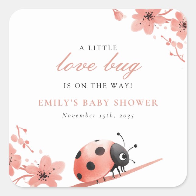 Sticker Carré A Little Love Bug Is On The Way Baby Shower (Devant)