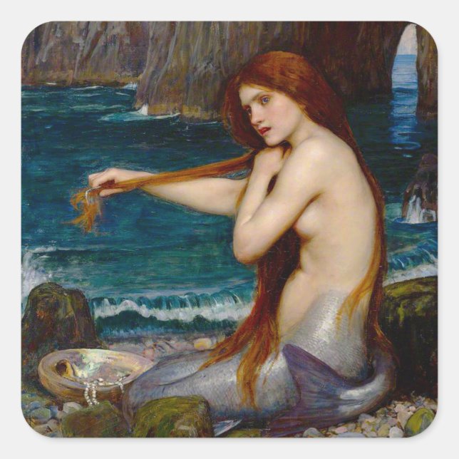 Sticker Carré A Mermaid, c. 1900 by John Waterhouse (Devant)
