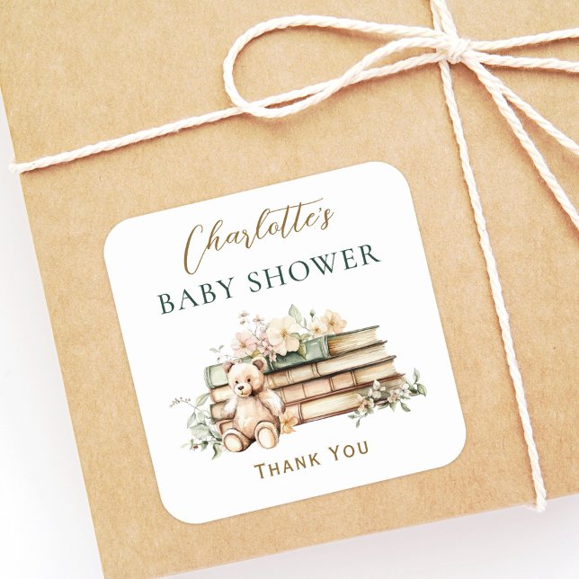 Sticker Carré A New Chapter Floral Book Baby Shower Favor (Créateur téléchargé)
