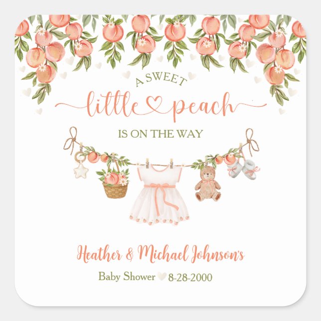 Sticker Carré A Sweet Little Peach Clothesline Girl Baby Shower (Devant)