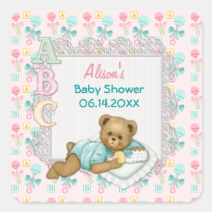 Sticker Carré ABC Teddy Pink et Aqua Baby shower