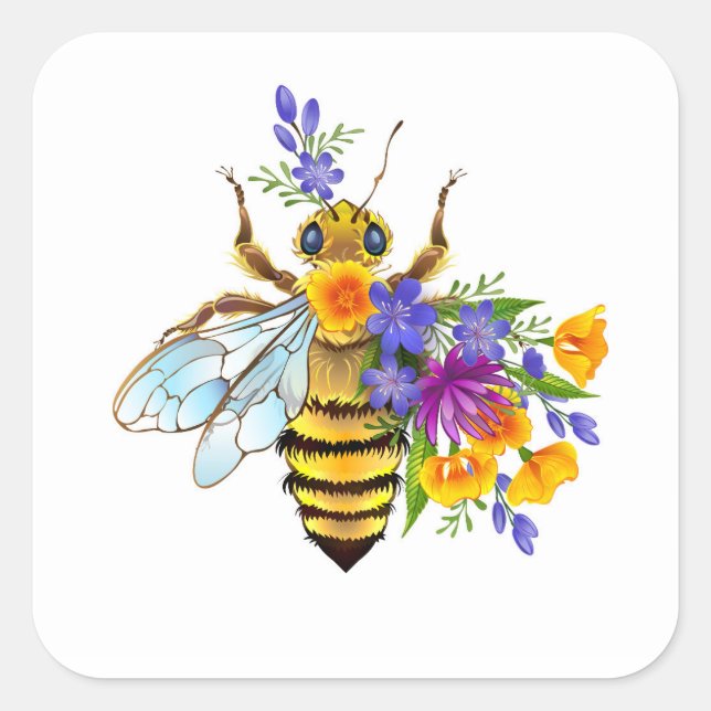 Sticker Carré Abeille à fleurs avec plantes sauvages (Devant)