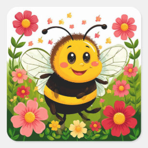 Sticker Carré Abeille de dessin animé joyeuse 🐝 Jardin floral l