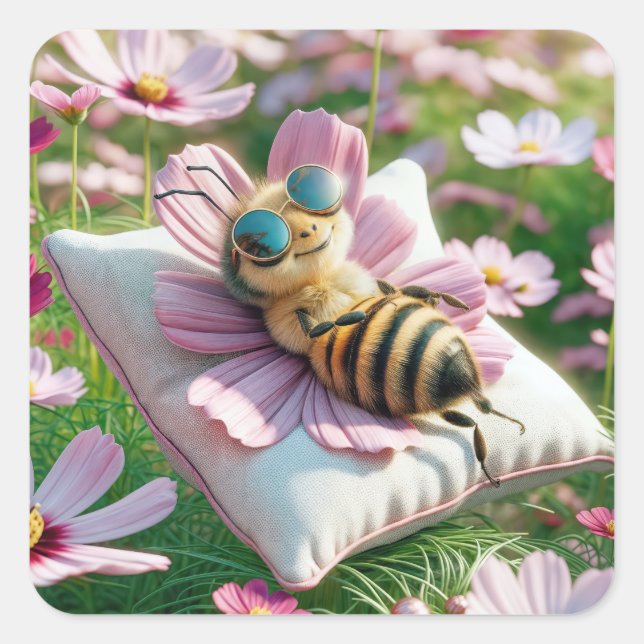 Sticker Carré Abeille de miel reposant sur un Coussin (Devant)